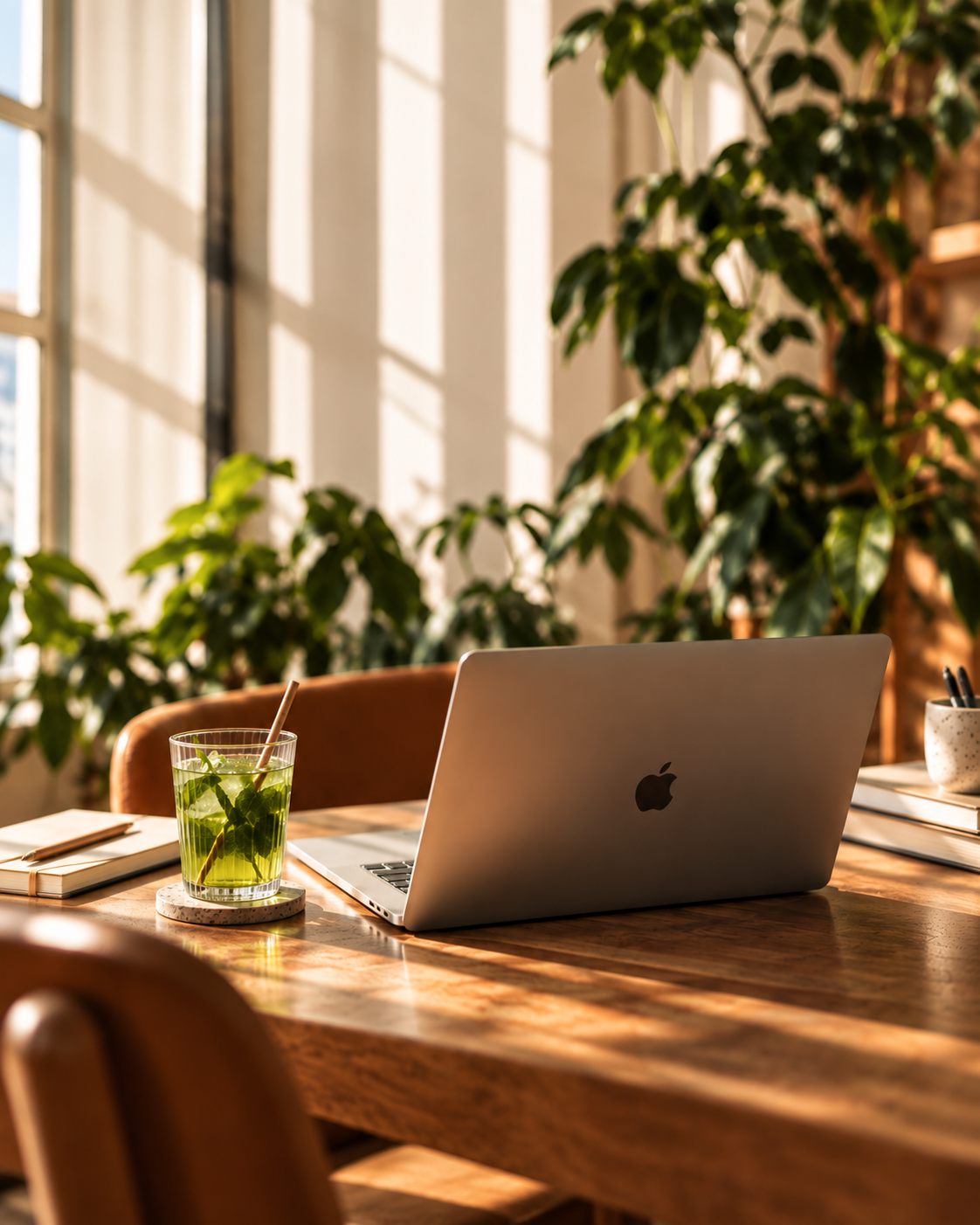 Zonnige werkplek met laptop en verse muntthee
